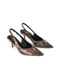 Women's brown snake leather slingback kitten heel with elasticated fastening and v cut throat