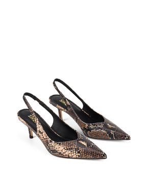 Women's brown snake leather slingback kitten heel with elasticated fastening and v cut throat