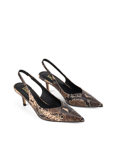 Women's brown snake leather slingback kitten heel with elasticated fastening and v cut throat