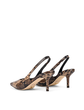 Women's brown snake leather slingback kitten heel with elasticated fastening and v cut throat