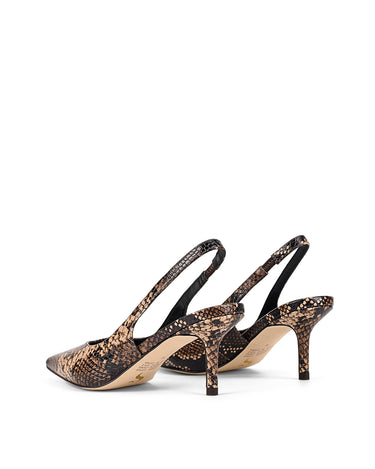 Women's brown snake leather slingback kitten heel with elasticated fastening and v cut throat