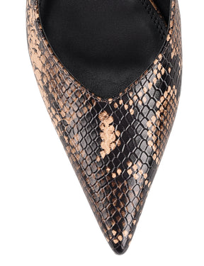 Women's brown snake leather slingback kitten heel with elasticated fastening and v cut throat