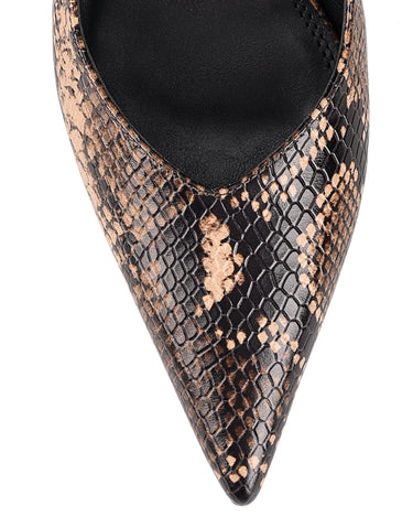 Women's brown snake leather slingback kitten heel with elasticated fastening and v cut throat
