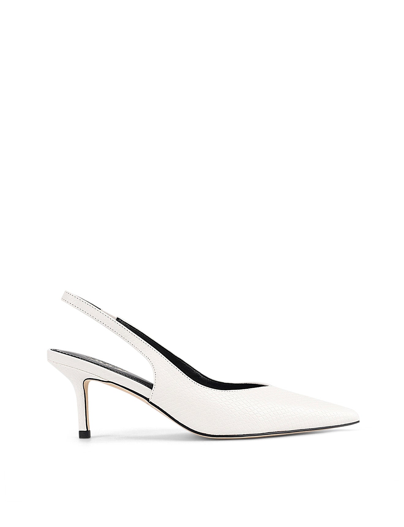Women's slingback kitten heel in white croc leather with pointed toe and v shaped throat and elastic fastening
