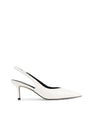 Women's slingback kitten heel in white croc leather with pointed toe and v shaped throat and elastic fastening