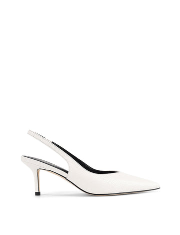 Women's slingback kitten heel in white croc leather with pointed toe and v shaped throat and elastic fastening