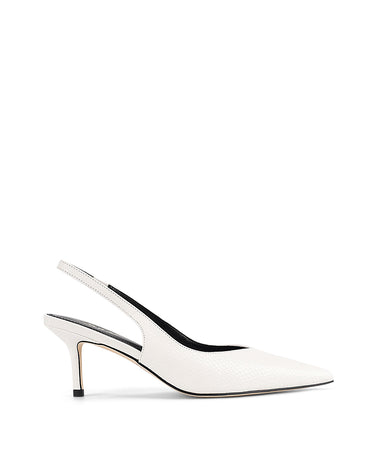 Women's slingback kitten heel in white croc leather with pointed toe and v shaped throat and elastic fastening