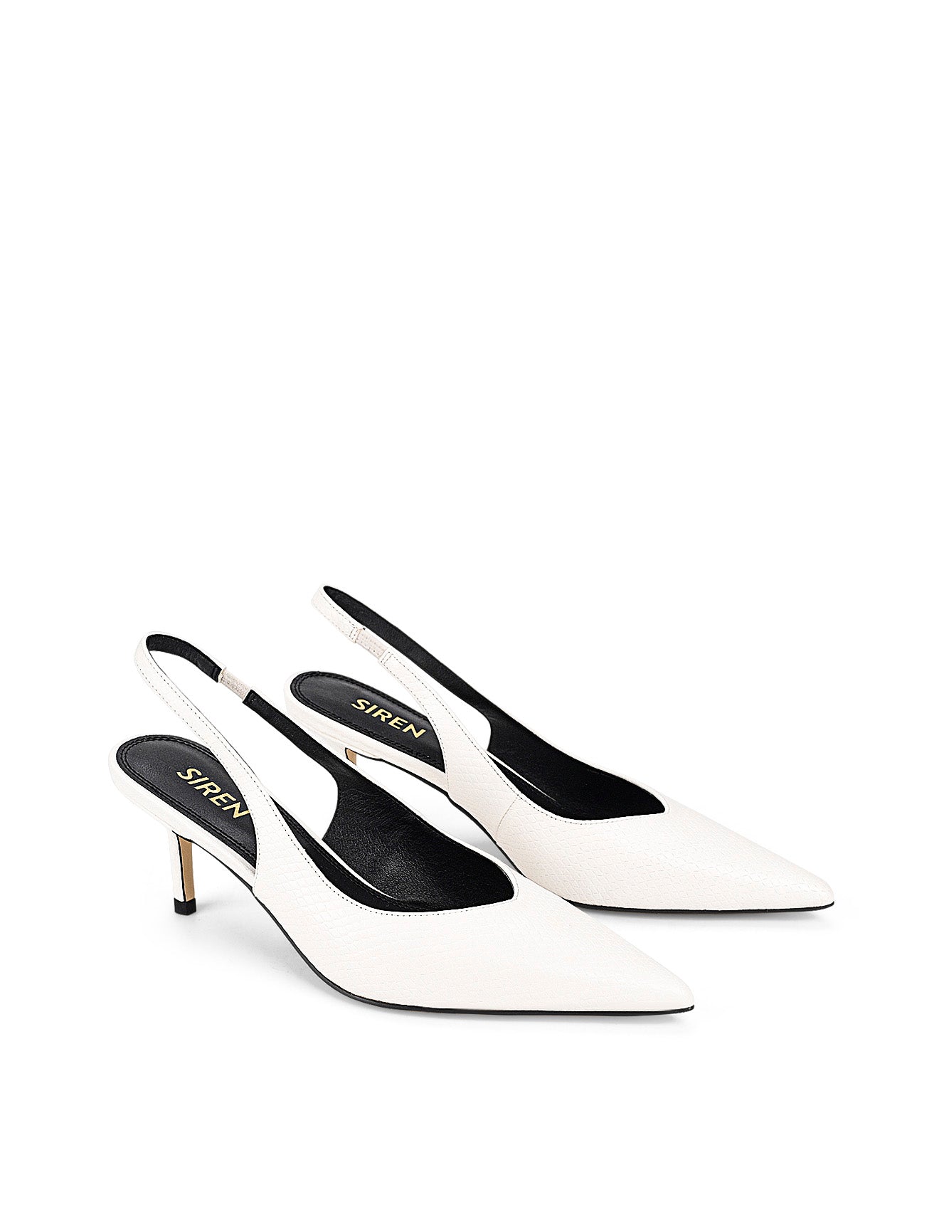 Women's slingback kitten heel in white croc leather with pointed toe and v shaped throat and elastic fastening