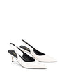 Women's slingback kitten heel in white croc leather with pointed toe and v shaped throat and elastic fastening