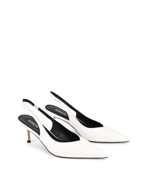 Women's slingback kitten heel in white croc leather with pointed toe and v shaped throat and elastic fastening