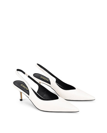 Women's slingback kitten heel in white croc leather with pointed toe and v shaped throat and elastic fastening