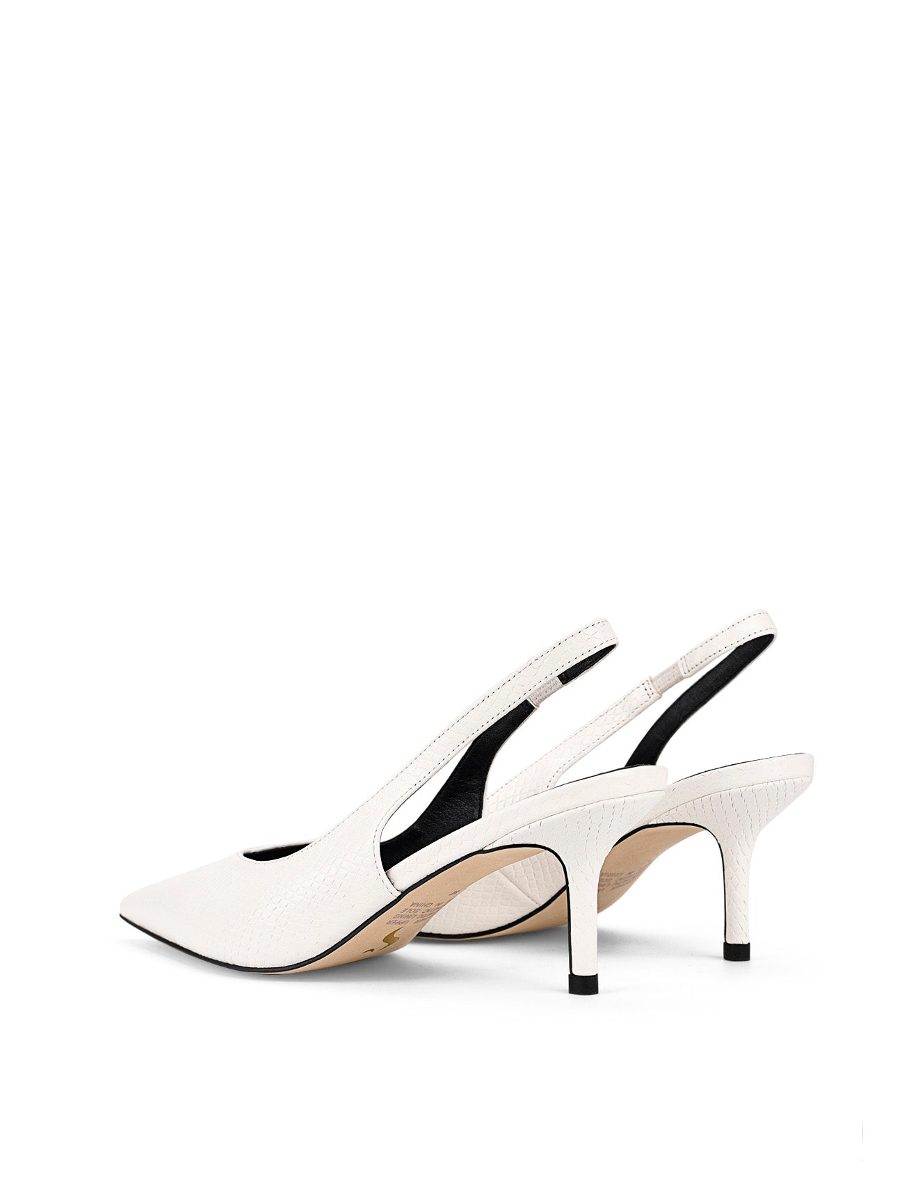 Women's slingback kitten heel in white croc leather with pointed toe and v shaped throat and elastic fastening