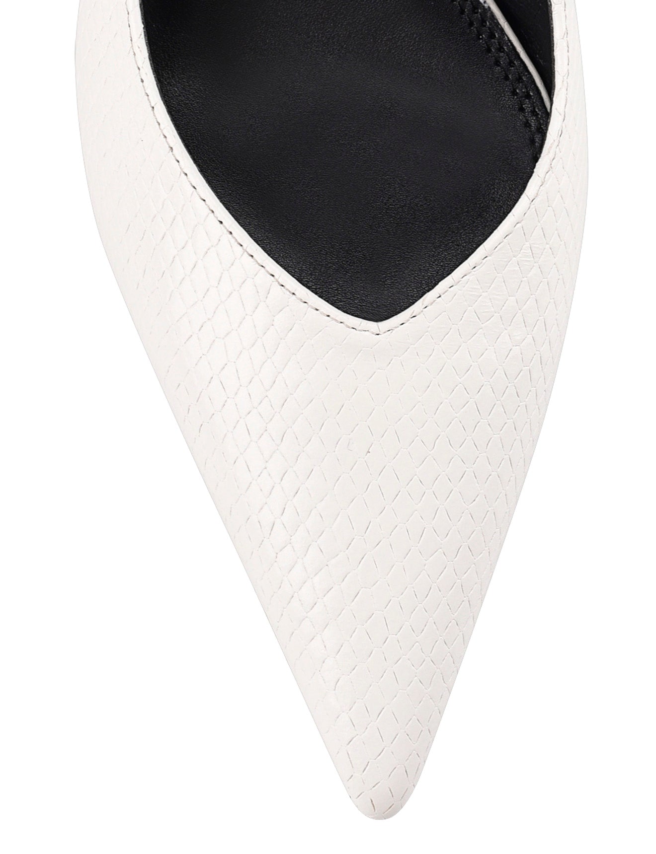 Women's slingback kitten heel in white croc leather with pointed toe and v shaped throat and elastic fastening