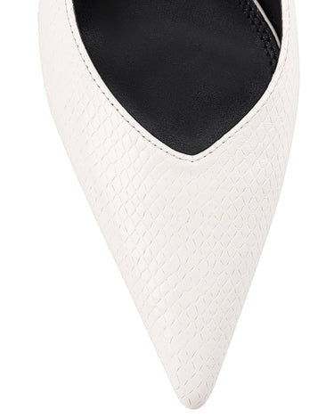Women's slingback kitten heel in white croc leather with pointed toe and v shaped throat and elastic fastening