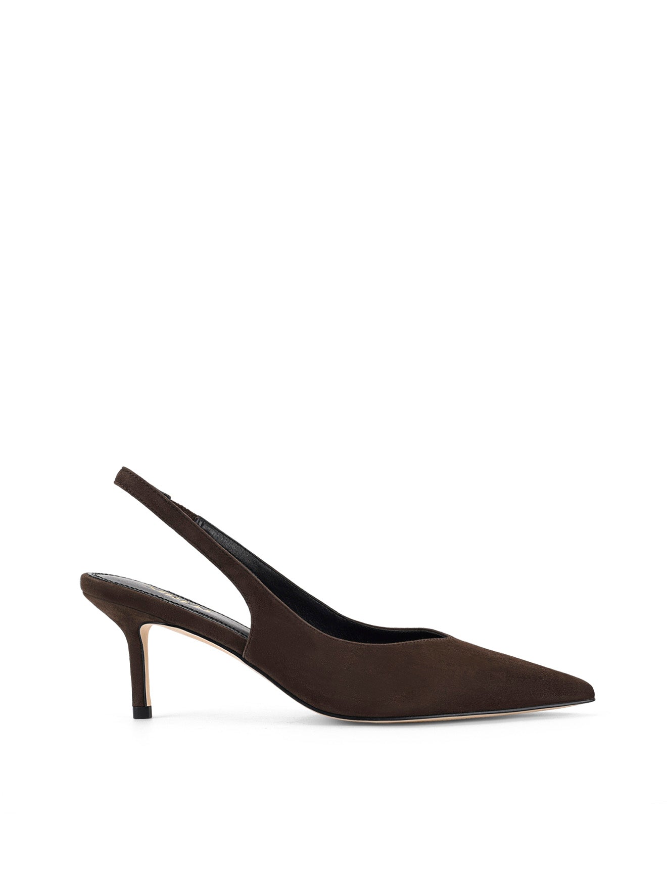 Women's slingback kitten heel in chocolate brown suede leather with pointed toe and v shaped throat and elastic fastening