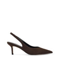 Women's slingback kitten heel in chocolate brown suede leather with pointed toe and v shaped throat and elastic fastening
