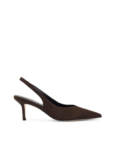 Women's slingback kitten heel in chocolate brown suede leather with pointed toe and v shaped throat and elastic fastening