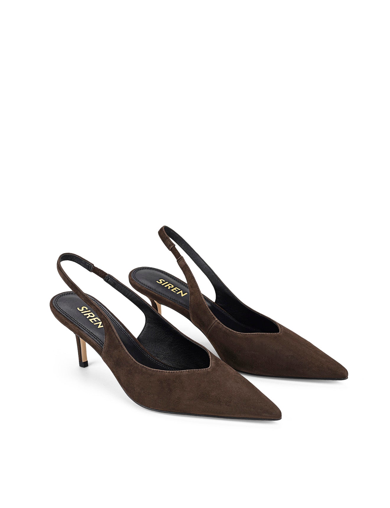 Women's slingback kitten heel in chocolate brown suede leather with pointed toe and v shaped throat and elastic fastening