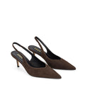 Women's slingback kitten heel in chocolate brown suede leather with pointed toe and v shaped throat and elastic fastening