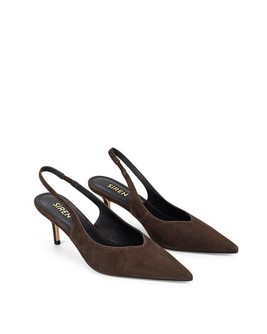 Women's slingback kitten heel in chocolate brown suede leather with pointed toe and v shaped throat and elastic fastening