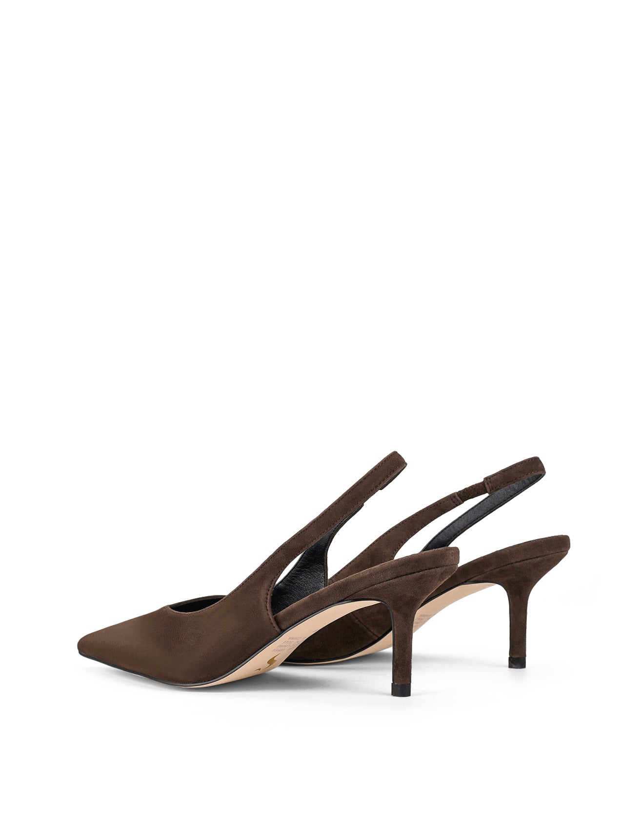 Women's slingback kitten heel in chocolate brown suede leather with pointed toe and v shaped throat and elastic fastening