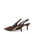 Women's slingback kitten heel in chocolate brown suede leather with pointed toe and v shaped throat and elastic fastening