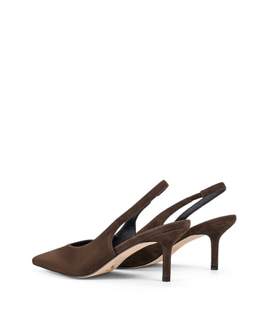 Women's slingback kitten heel in chocolate brown suede leather with pointed toe and v shaped throat and elastic fastening