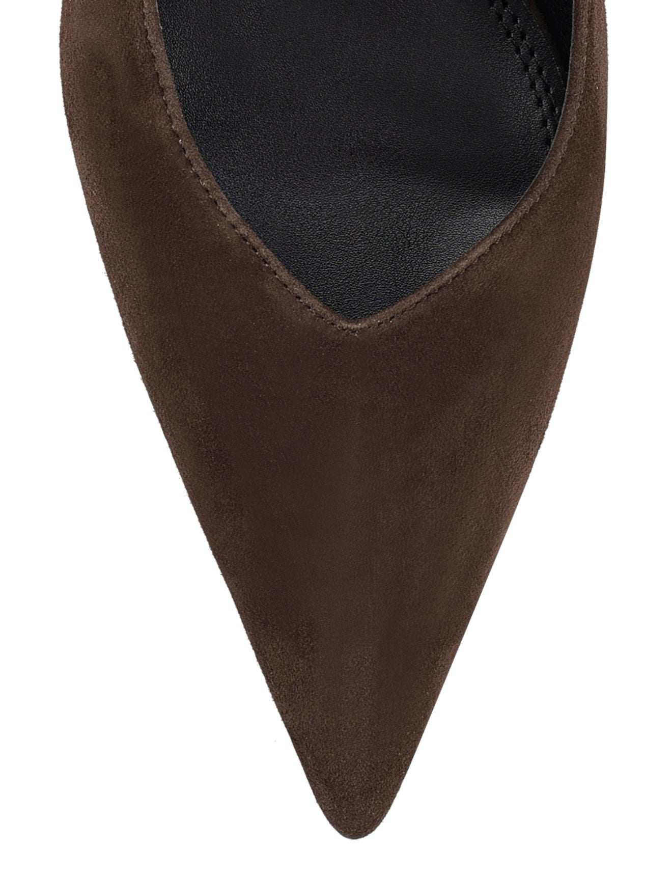 Women's slingback kitten heel in chocolate brown suede leather with pointed toe and v shaped throat and elastic fastening