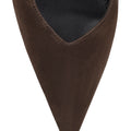Women's slingback kitten heel in chocolate brown suede leather with pointed toe and v shaped throat and elastic fastening