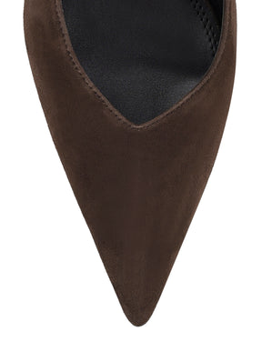 Women's slingback kitten heel in chocolate brown suede leather with pointed toe and v shaped throat and elastic fastening