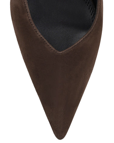 Women's slingback kitten heel in chocolate brown suede leather with pointed toe and v shaped throat and elastic fastening