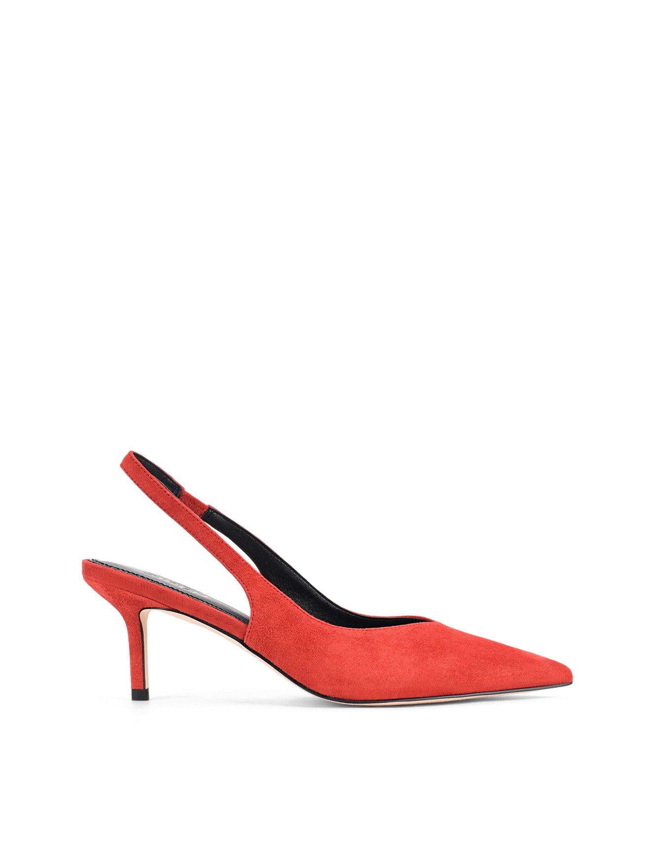 Women's slingback kitten heel in red suede leather with pointed toe and v shaped throat and elastic fastening