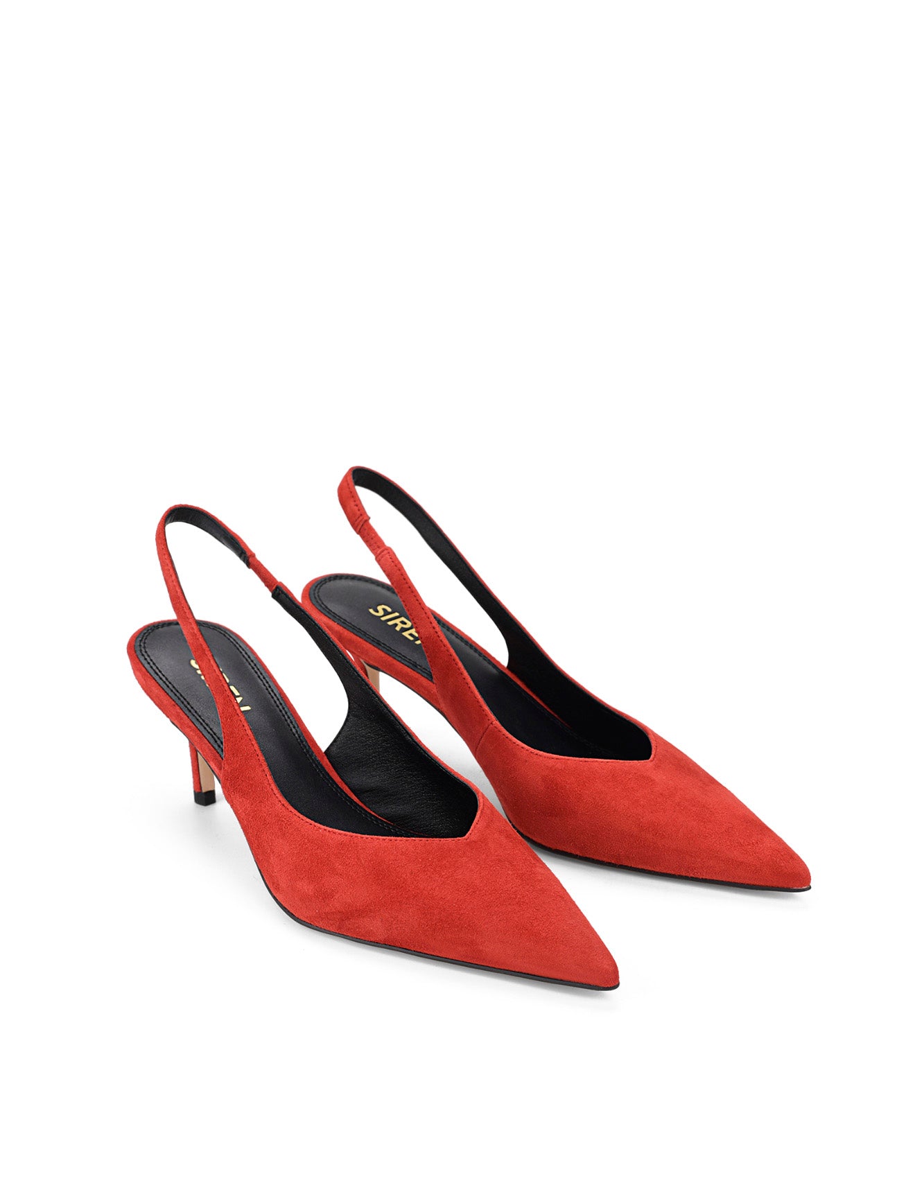 Women's slingback kitten heel in red suede leather with pointed toe and v shaped throat and elastic fastening