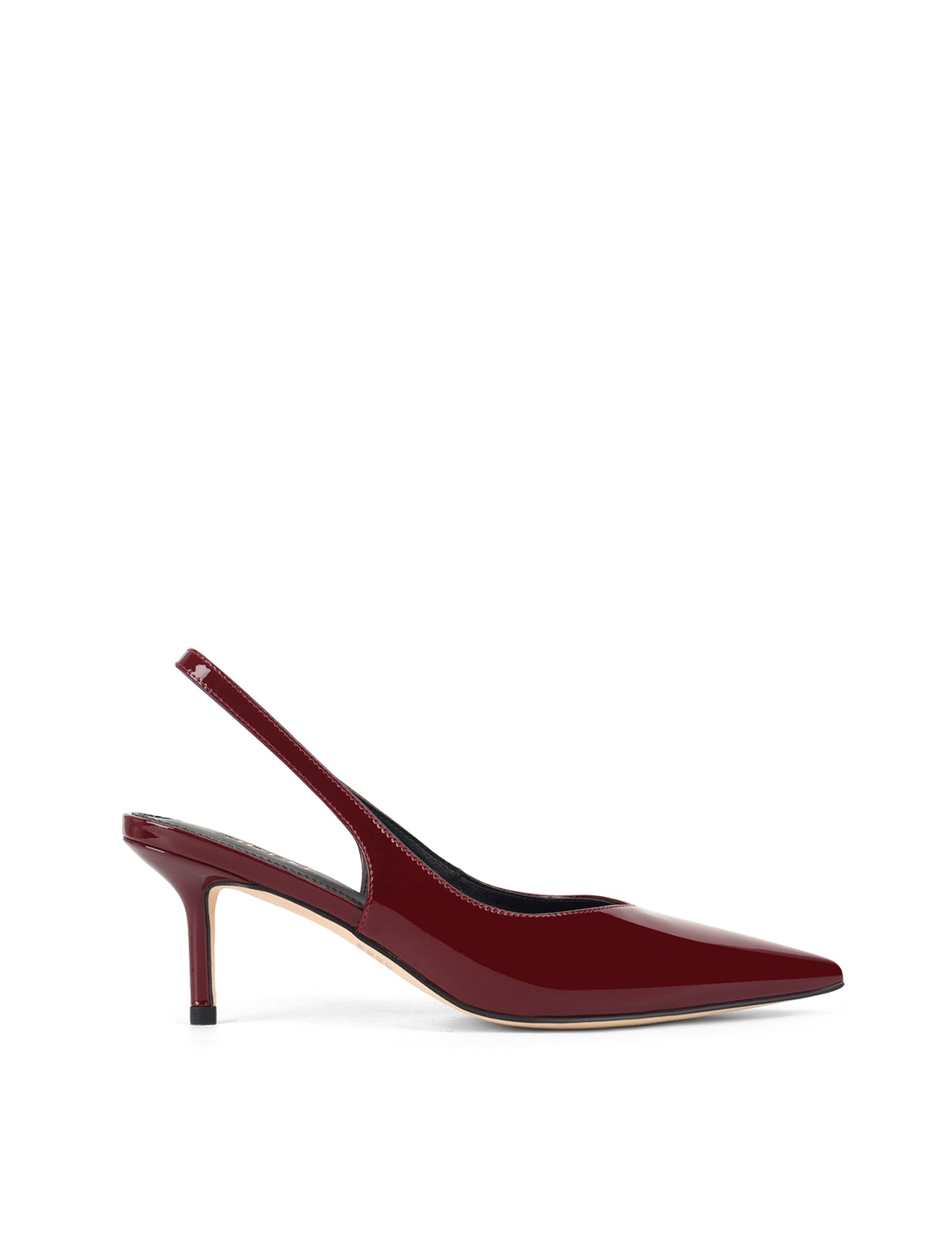 Women's red wine patent leather slingback kitten heels with pointed toe and v-cut throat