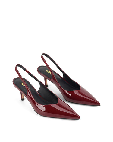 Women's red wine patent leather slingback kitten heels with pointed toe and v-cut throat