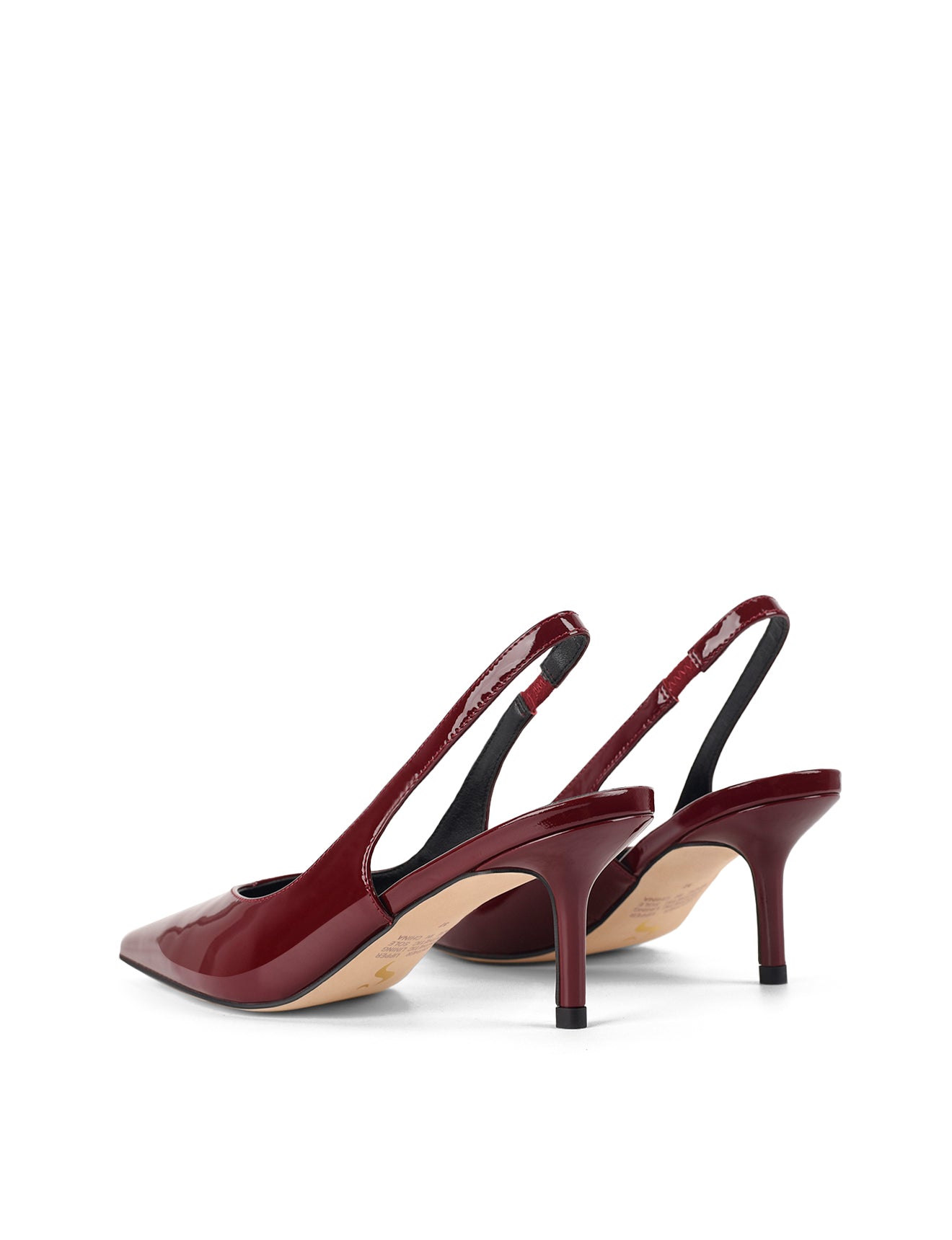 Women's red wine patent leather slingback kitten heels with pointed toe and v-cut throat