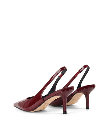 Women's red wine patent leather slingback kitten heels with pointed toe and v-cut throat