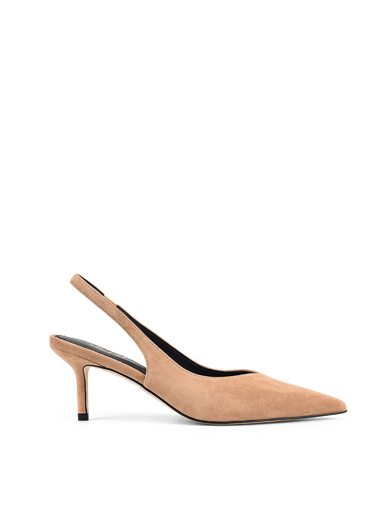 Women's camel tan suede slingback kitten heels with elastic closure and pointed toe