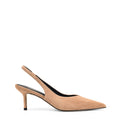 Women's camel tan suede slingback kitten heels with elastic closure and pointed toe