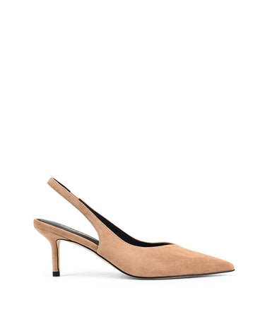 Women's camel tan suede slingback kitten heels with elastic closure and pointed toe