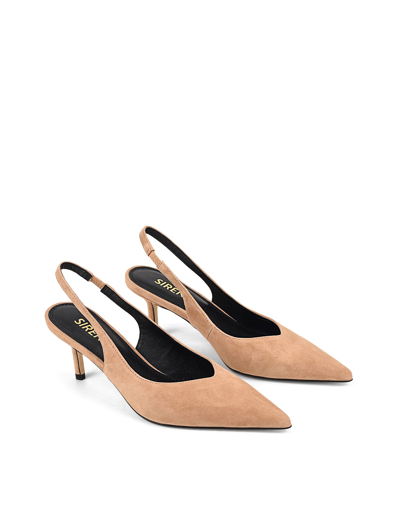 Women's camel tan suede slingback kitten heels with elastic closure and pointed toe