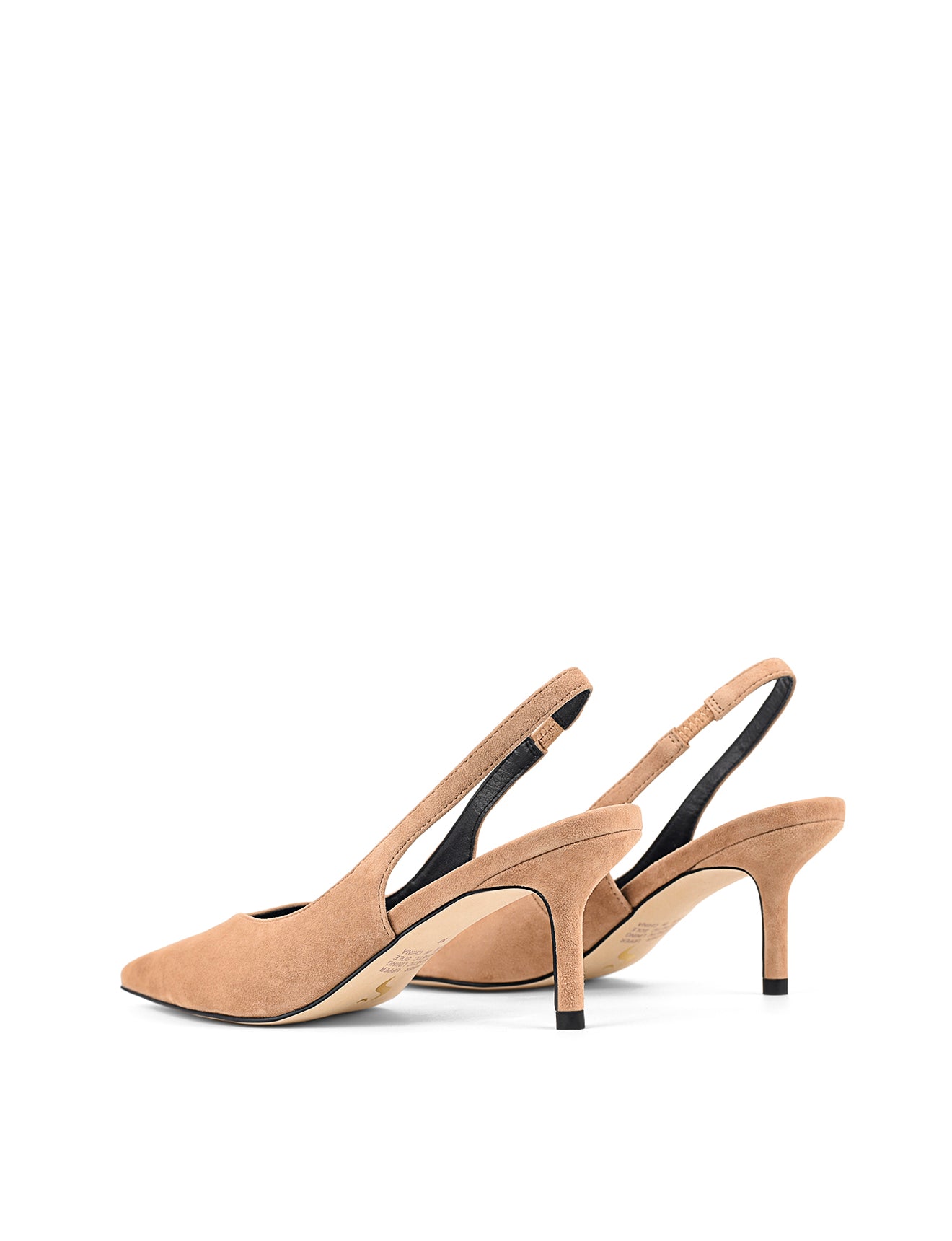 Women's camel tan suede slingback kitten heels with elastic closure and pointed toe