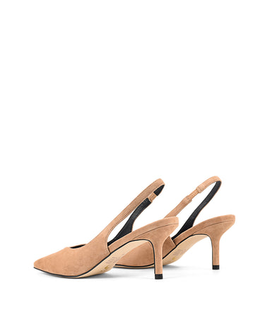 Women's camel tan suede slingback kitten heels with elastic closure and pointed toe