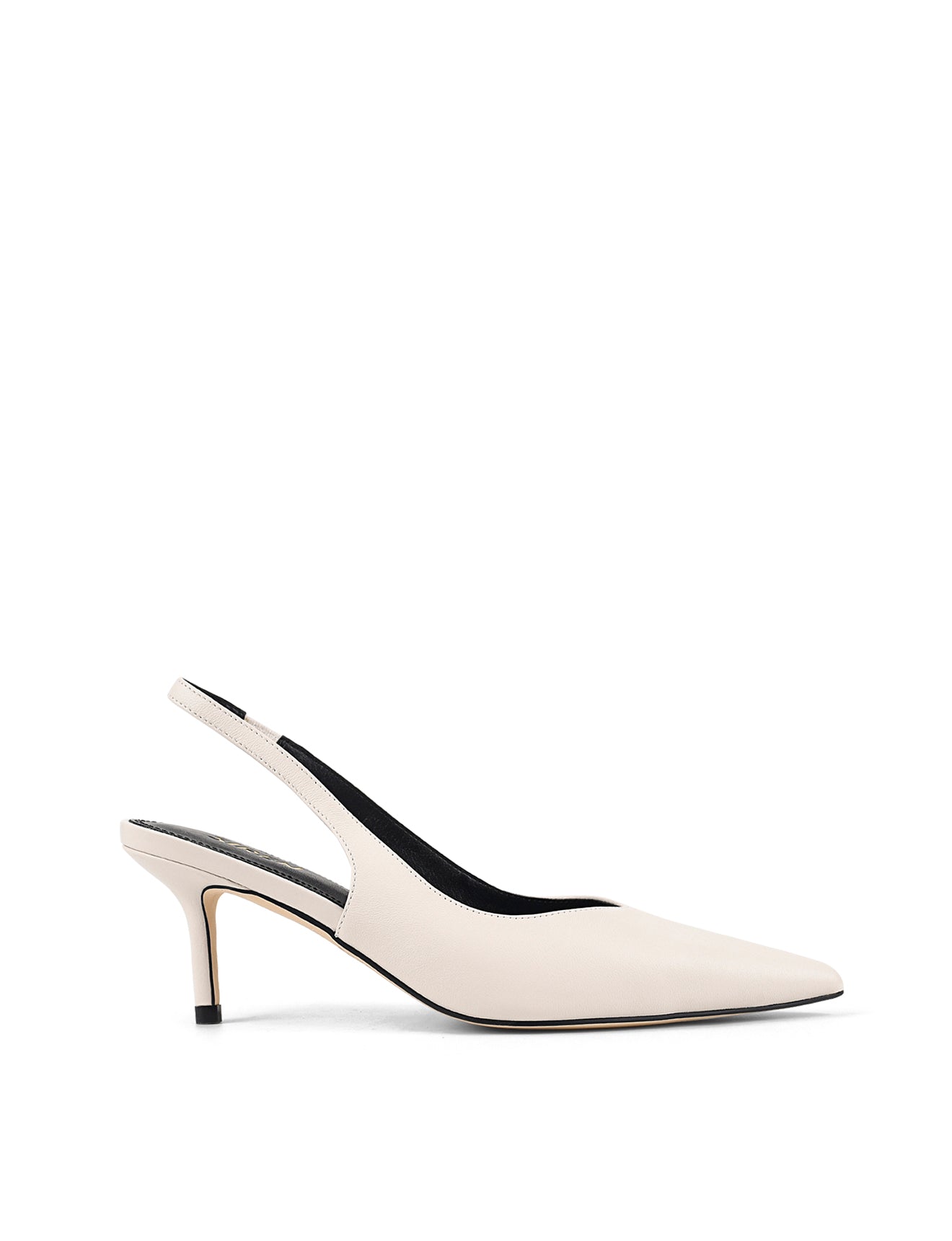 Women's white leather slingback kitten heel pump with elasticated fastening and pointed toe