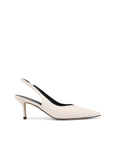 Women's white leather slingback kitten heel pump with elasticated fastening and pointed toe