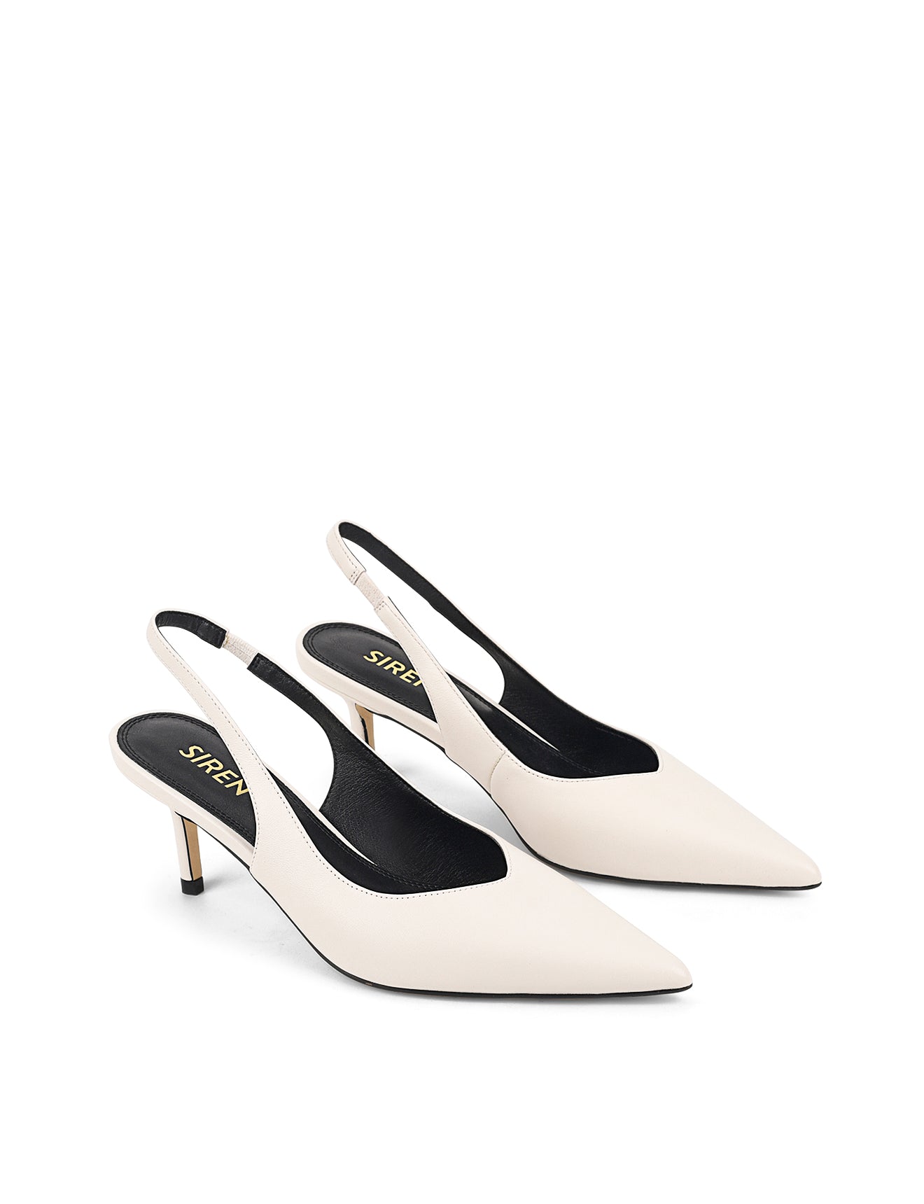 Women's white leather slingback kitten heel pump with elasticated fastening and pointed toe