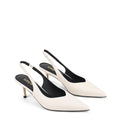Women's white leather slingback kitten heel pump with elasticated fastening and pointed toe