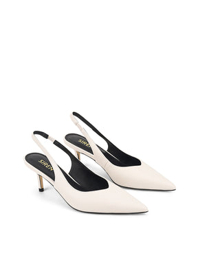 Women's white leather slingback kitten heel pump with elasticated fastening and pointed toe