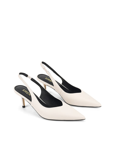 Women's white leather slingback kitten heel pump with elasticated fastening and pointed toe