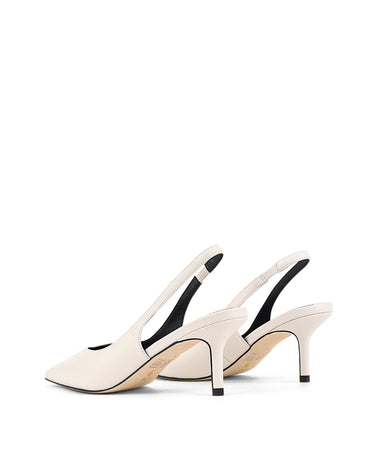 Women's white leather slingback kitten heel pump with elasticated fastening and pointed toe